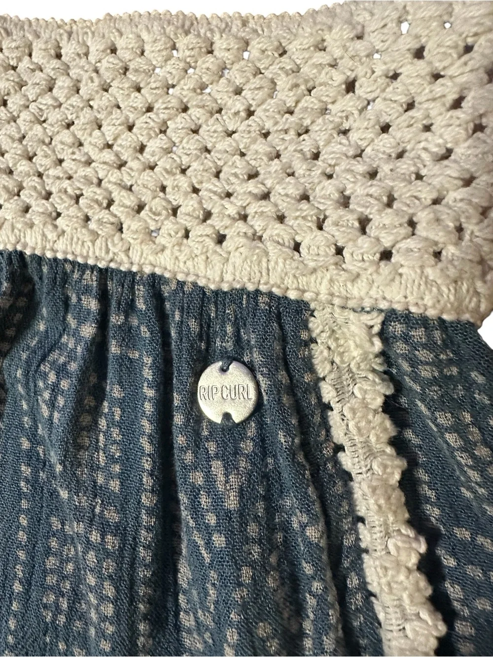 Rip Curl Blue Patterned Crochet Waist Shorts with Cream Trim